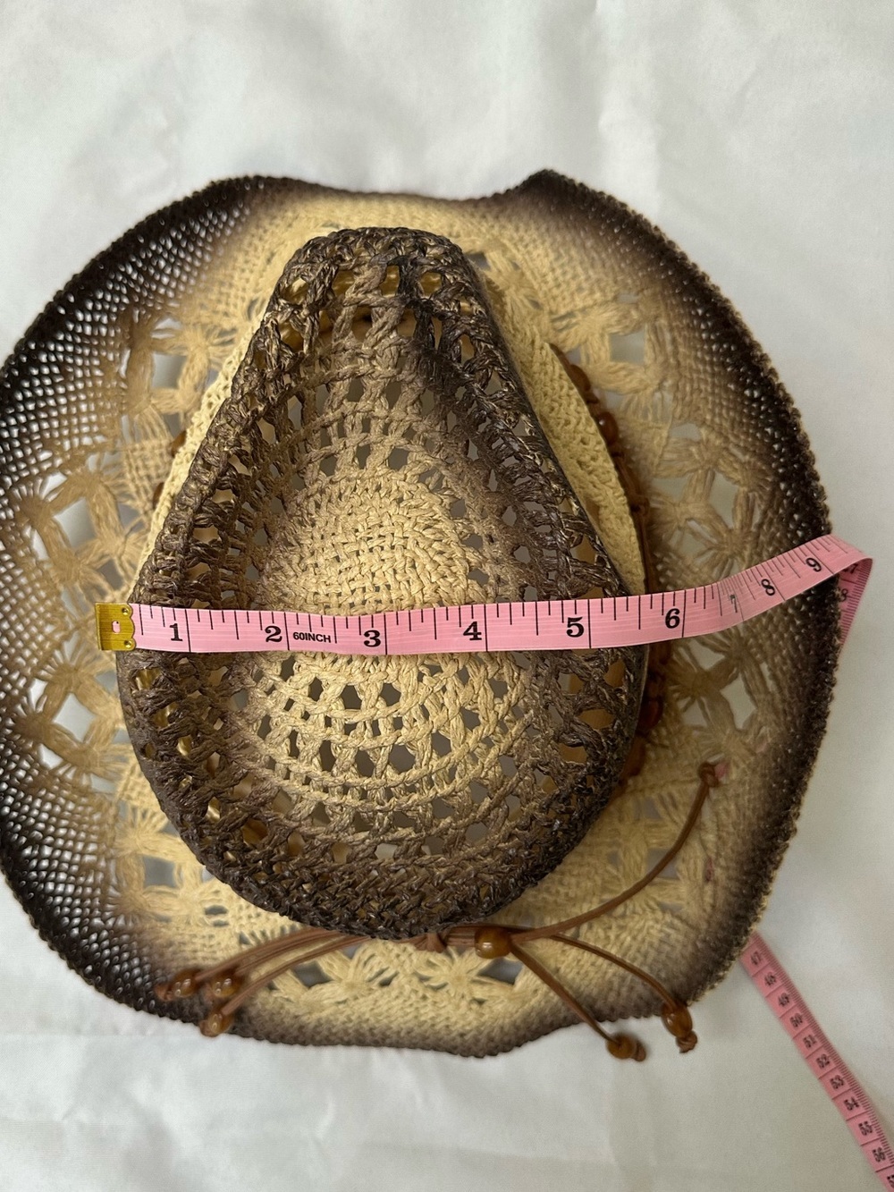 Woven Straw Western Cowboy Hat with Beaded Leather Band - Brown Ombre - Picture 8 of 12